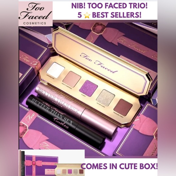 NIB! TOO FACED TRIO! EYESHADOW BEST SELLERS PALETTE & 2 MASCARAS, & GIFT BOX! - Picture 1 of 6